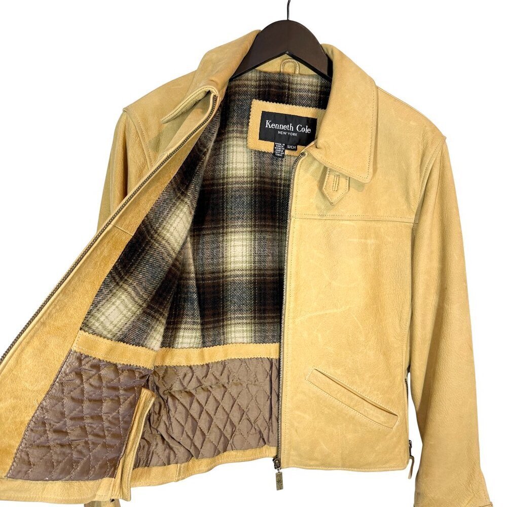 Vintage Kenneth Cole Leather Jacket Y2K 90s Gold Tan Plaid Moto Staple Small